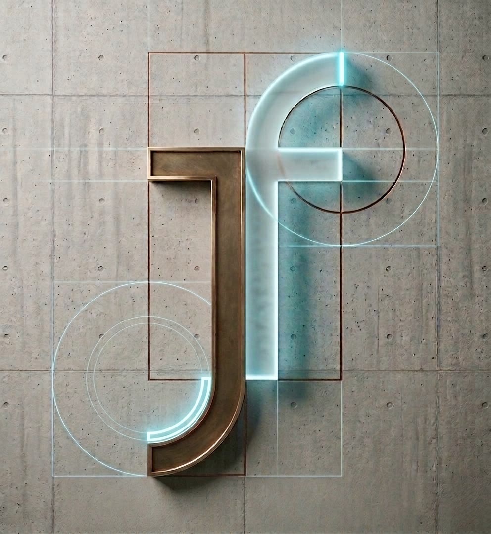 Monogramma JF dello Studio: la J in bronzo e la f in luce su parete in cemento, con le linee del tracciato regolatore